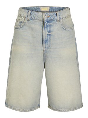 Light blue denim shorts with a high waist, five-pocket design, and subtle fading. Features a button closure and belt loops.