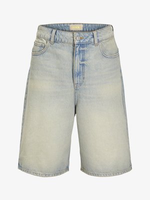 Light blue denim shorts with a high waist, five-pocket design, and subtle fading. Features a button closure and belt loops.