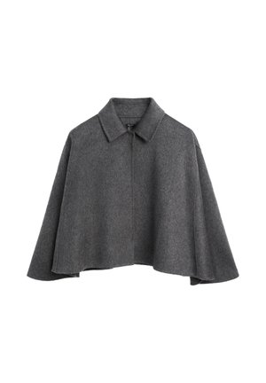 Grijze wollen cape met een kraag en zonder sluitingen, voorzien van een losse, gedrapeerde vorm die onder de taille valt en een gladde textuur.
