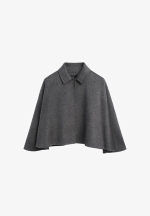 Grijze wollen cape met een kraag en zonder sluitingen, voorzien van een losse, gedrapeerde vorm die onder de taille valt en een gladde textuur.
