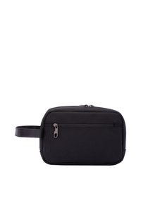 Borsa da viaggio nera realizzata in nylon testurizzato. Forma rettangolare con chiusura a zip e manico laterale; presenta una piccola tasca anteriore con zip.