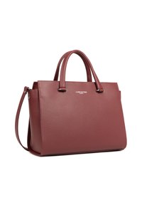Borsa a tracolla in pelle bordeaux con design strutturato, doppi manici e tracolla regolabile. Presenta un logo discreto sul davanti.