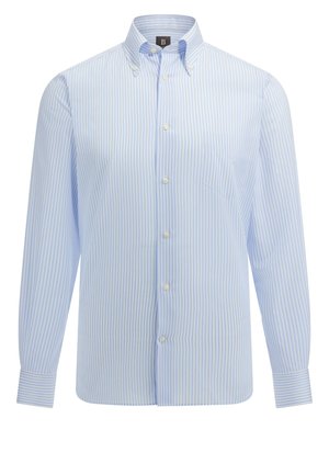 Light blue and white striped button-up shirt with a collar, long sleeves, and a chest pocket. Made of smooth, lightweight fabric.