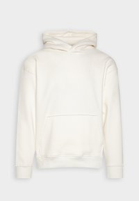 Sudadera blanca con capucha hecha de tela suave, con un bolsillo canguro y puños acanalados. Con un sutil logotipo en la parte frontal.