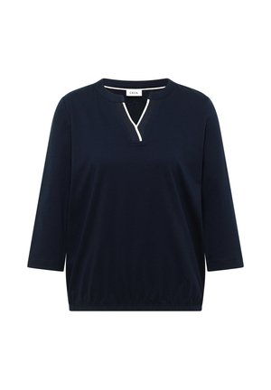 Dunkelblaues Damenoberteil mit dreiviertellangen Ärmeln, elastischem Saum und V-förmigem Ausschnitt, der mit weißem Besatz akzentuiert ist.