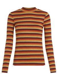 Langærmet tætsiddende top lavet af ribbet stof, med striber i røde, gule og brune nuancer, samt et mock neck-design.