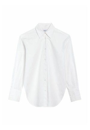Biała koszula z długim rękawem, z klasycznym kołnierzykiem, z przodu na guziki, o zaokrąglonym dole i gładkiej teksturze, wykonana z przewiewnej bawełny.