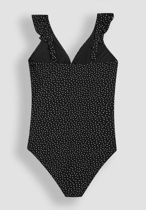 Maillot de bain noir à pois avec des bretelles volantées et un décolleté en V profond. Tissu lisse avec une silhouette ajustée et une coupe modeste.
