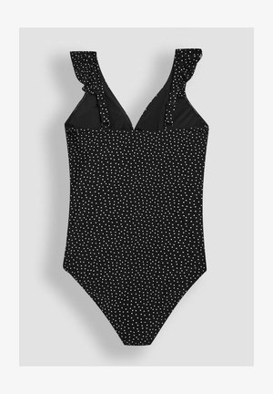 Schwarzes Badeanzug mit weißen Punkten, Rüschenschulterträgern und einem tiefen V-Ausschnitt. Glattes Material mit einer figurbetonten Silhouette und einem moderaten Schnitt.