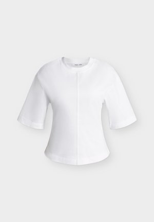 Λευκό μπλουζάκι με κοντά μανίκια, στρογγυλή λαιμόκοψη και κεντρική κατακόρυφη ραφή μπροστά.