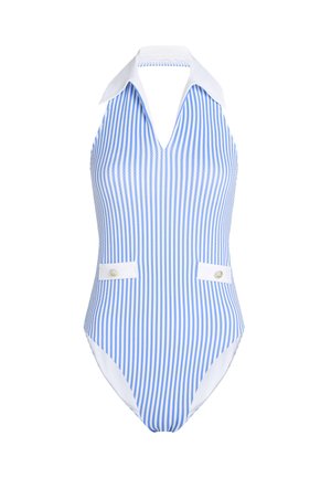 Enodelne kopalke modro-bele barve s črtami, z vrvico za vrat in ovratnikom, opremljene z dvema sprednjima žepoma z okrasnimi gumbi.