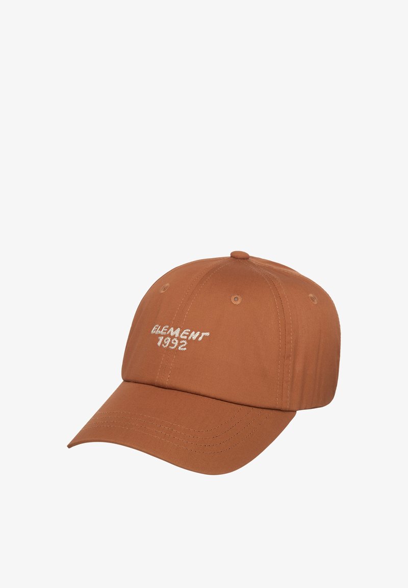Casquette de baseball en coton marron avec logo brodé "ELEMENT 1992" en blanc. Comprend des coutures cousues et une visière incurvée. Sangle ajustable à l'arrière.