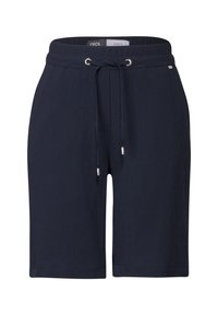 Shorts bleu marine en tissu texturé, dotés d'une taille élastique, d'un cordon de serrage et d'accents métalliques pour un ajustement.