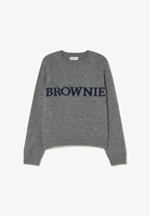 Gray knitted sweater featuring a crew neckline and long sleeves. "BROWNIE" is embroidered in navy across the front. Soft texture.