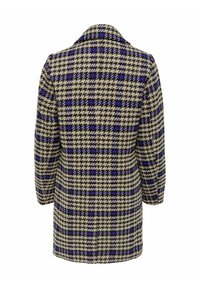 Lang wolken met een beige, zwarte en paarse houndstooth ruitpatroon, kraag en lange mouwen, weergegeven vanaf de achterkant.