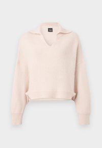 Ροζ ανοιχτό ροζ πλεκτό πουλόβερ με V-λαιμόκοψη και γιακά, με χαλαρωμένο τύπο ώμων και ριμπ τελείωμα σε μανσέτες και στρίφωμα. Κατασκευασμένο από μαλακό, υφασμάτινο υλικό.