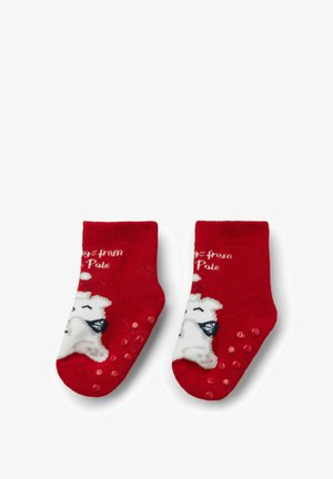 Paar rote Babysocken mit rutschfesten Noppen, mit einem weißen Bären, der eine blaue Fliege trägt, und teilweise weißem Text über dem Bären.