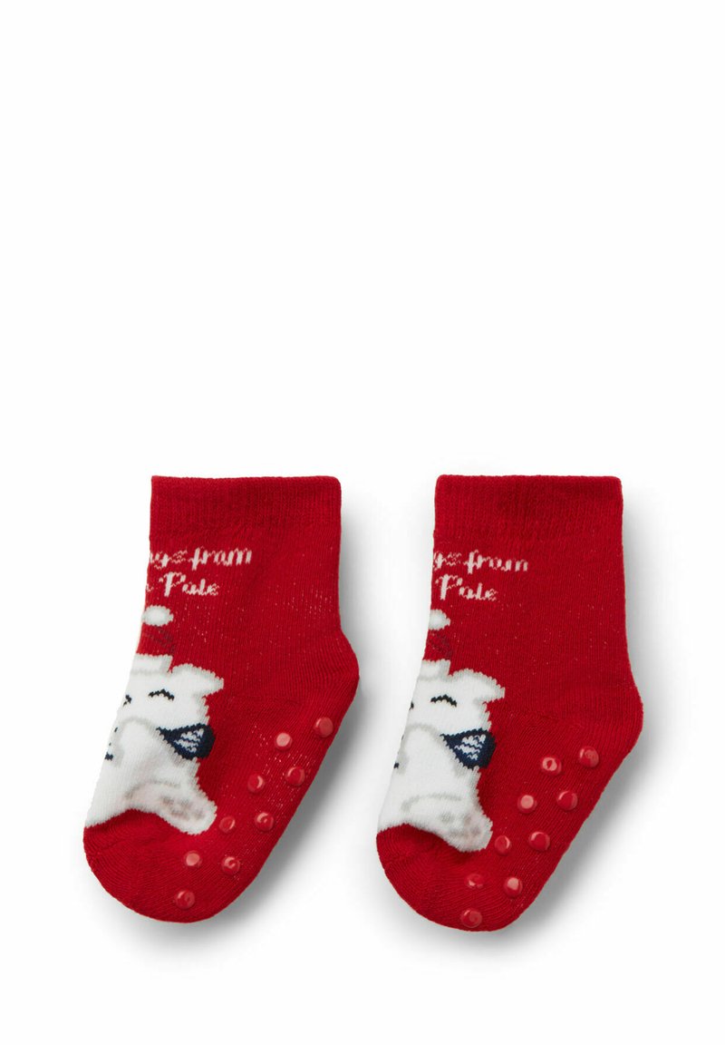 Coppia di calzini rossi per neonati con grip antiscivolo, con un orso bianco che indossa un papillon blu e testo bianco parziale sopra l'orso.