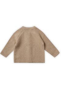 Beiger Strickpullover mit langen Ärmeln, geripptem Ausschnitt und strukturiertem Muster. Verfügt über Raglanärmel und eine lässige Passform.