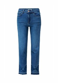 Jeans de mezclilla en azul medio con un diseño de pierna recta, estilo de cinco bolsillos, cierre de botón y cremallera, y detalles de dobladillo deshilachado.