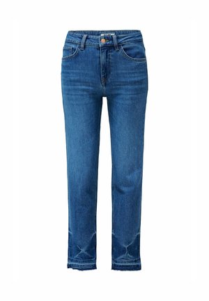 Jeans in denim blu medio con design a gamba dritta, stile a cinque tasche, chiusura con bottone e zip, e dettagli con orlo sfrangiato.