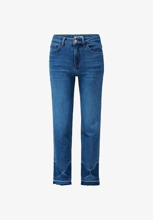 Denim jeans in medium blue met een recht model, vijf zakken, een knoop- en ritsluiting, en rafelige zoomdetails.