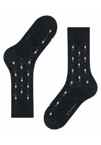 Czarne skarpetki z całkowitym wzorem diamentów i białymi ilustracjami wieży zegarowej. Wykonane z miękkiej dzianiny z ściągaczem.