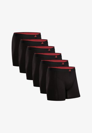 Sechs Paare schwarze Boxershorts mit roten elastischen Bündchen, die ein Logo auf der Vorderseite und eine enge, glatte Stoffstruktur aufweisen.