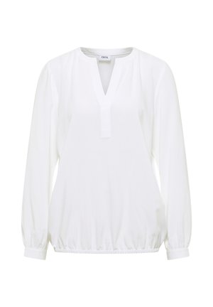 Blusa bianca a maniche lunghe con scollo a V, orlo elasticizzato e maniche arricciate. Realizzata in un tessuto morbido con un design minimalista.