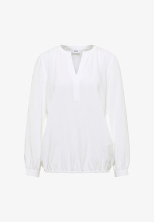 Witte blouse met lange mouwen, V-hals, elastische onderkant en geplooide mouwen. Gemaakt van een soepele stof met een minimalistisch ontwerp.