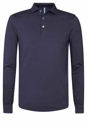 Navy long-sleeve polo shirt with a collar, three-button closure, and a smooth cotton blend fabric. Features a straight hem and fitted sleeves.