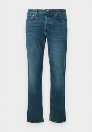 Rechtermode blauwe denim jeans met vijf zakken, knoopsluiting en subtiele vervaging op de dijen en knieën.
