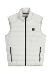 Leichte weiße Steppweste mit hohem Kragen, gestepptem Muster, schwarzem Reißverschluss und Seitentaschen, mit einem Logo-Patch auf der Brust.