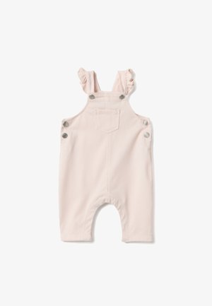 Salopette rosa pallido in tessuto morbido, con bretelle arricciate, bottoni argentati, una tasca posteriore e design con gambe aperte.