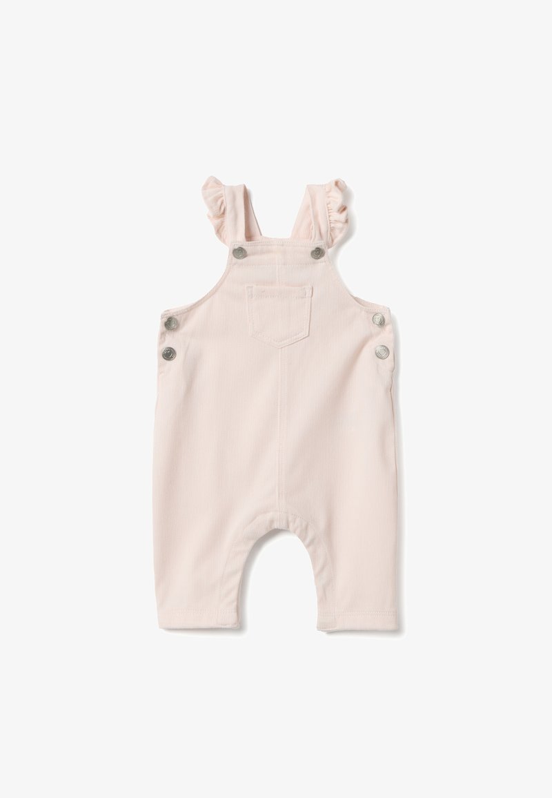 Salopette rose pâle en tissu doux, dotée de bretelles volantées, de boutons argentés, d'une poche arrière et d'une coupe ouverte aux jambes.