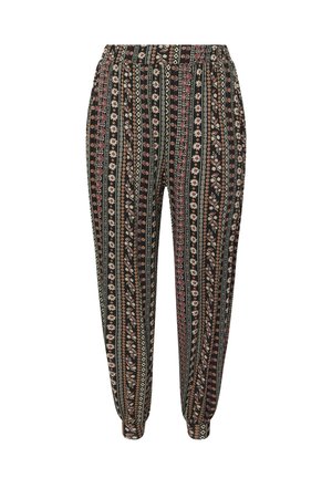 Pantaloni a fantasia con vita elastica, caratterizzati da righe verticali in nero, rosso e verde, adornati da motivi floreali e geometrici.
