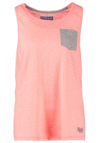 Ärmlös, korallfärgad linne i mjukt tyg. Har en liten grå ficka på vänster bröst och en rund halsringning. Märkettag synlig.