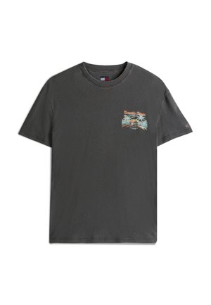 Gray cotton t-shirt with short sleeves, round neck, featuring a colorful palm tree graphic on the left chest pocket area.