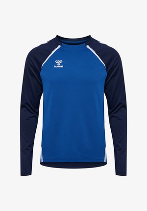 Langärmliges Sportshirt, blau mit marineblauen Akzenten, kontrastierendem weißen Saum, aus atmungsaktivem Material, mit einem Logo auf der Brust.