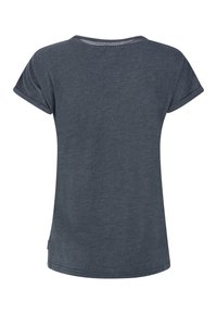 T-shirt grigio scuro a maniche corte, collo rotondo e texture di tessuto morbido. Presenta una finitura liscia e un orlo leggermente curvo nella parte inferiore.