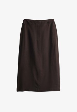 Bruine rok van knielengte met een rechte snit, gemaakt van een gladde stof, voorzien van een tailleband en zonder zichtbare sluitingen of zakken.