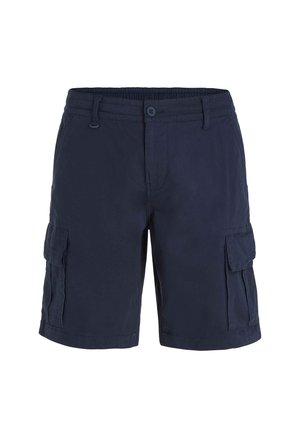 Marineblauwe cargoshorts van duurzaam materiaal, met een elastische tailleband, knoopsluiting en twee zijzakken.