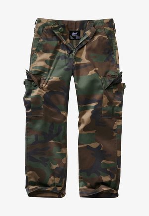 Pantalones cargo de camuflaje con múltiples bolsillos con botones, cremallera frontal y una etiqueta de marca en el interior de la cintura.