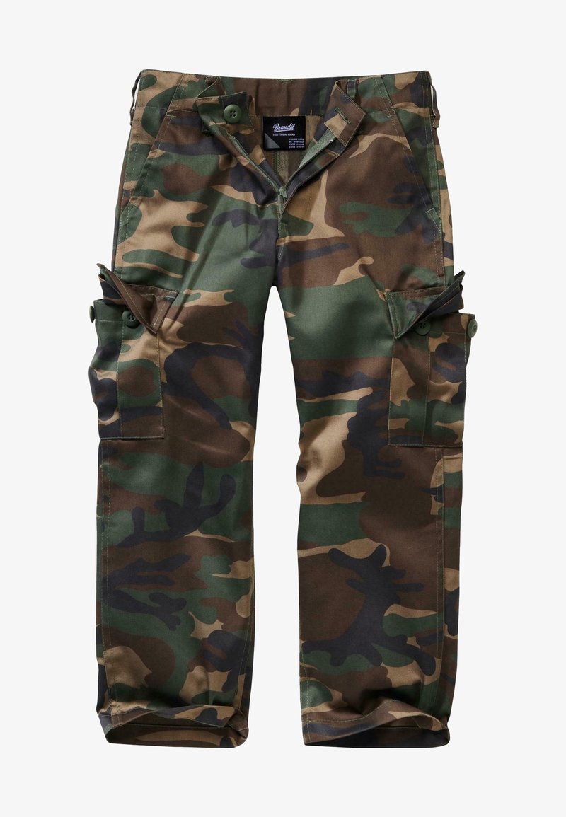 Pantalon cargo camouflage avec plusieurs poches à boutons, une braguette zippée et une étiquette de marque à l'intérieur de la ceinture.