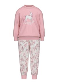 Roze sweatshirt met een eenhoorn afbeelding; bijpassende roze en crèmekleurige pyjamabroek met een eenhoorn- en bladerenpatroon. Zacht materiaal, relaxte pasvorm.