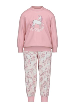 Rosa Sweatshirt mit Einhorn-Grafik; passende pinke und creamfarbene Schlafanzughosen mit einem Einhorn- und Blättermuster. Weiches Material, lockere Passform.