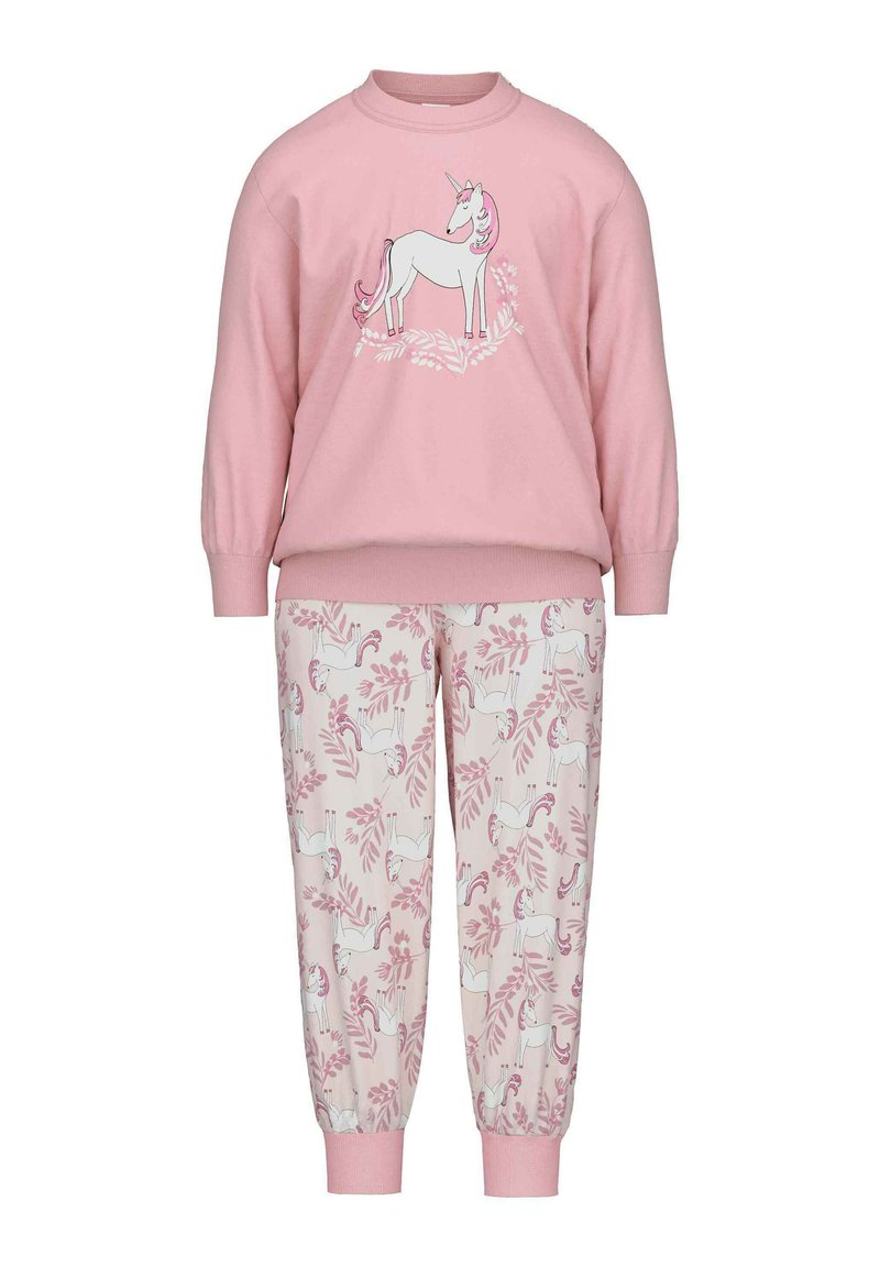 Roze sweatshirt met een eenhoorn afbeelding; bijpassende roze en crèmekleurige pyjamabroek met een eenhoorn- en bladerenpatroon. Zacht materiaal, relaxte pasvorm.
