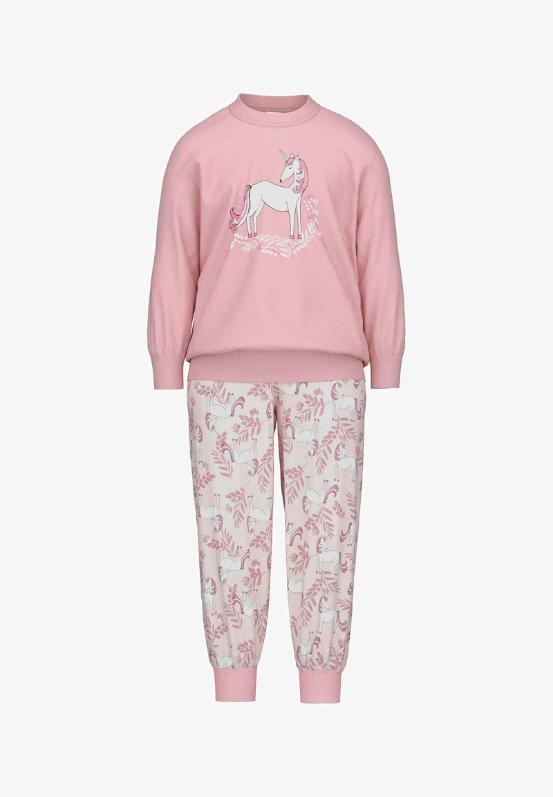 Roze sweatshirt met een eenhoorn afbeelding; bijpassende roze en crèmekleurige pyjamabroek met een eenhoorn- en bladerenpatroon. Zacht materiaal, relaxte pasvorm.