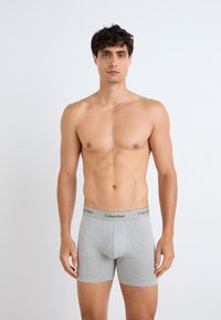 Graue Baumwoll-Boxershorts mit elastischem Bund, auf dem "Calvin Klein" steht. Passgenaues Design, weicher Stoff und klassische Form.