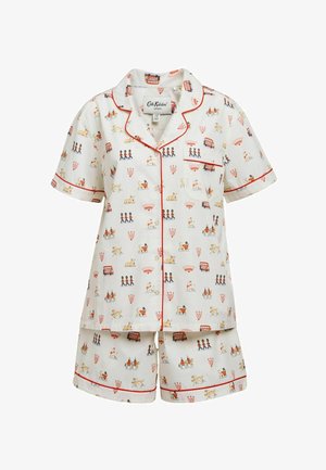 Set de pijamale cu mâneci scurte albe, cu bordură roșie, având imprimeuri tematice din Londra: gardieni, autobuze, câini, coroane și călăreți pe cai.